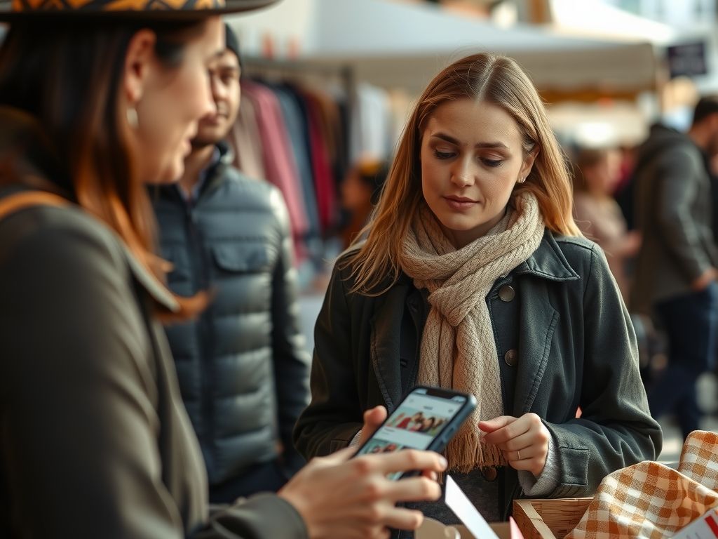 A market seller sharing her shop page on a phone with a customer.