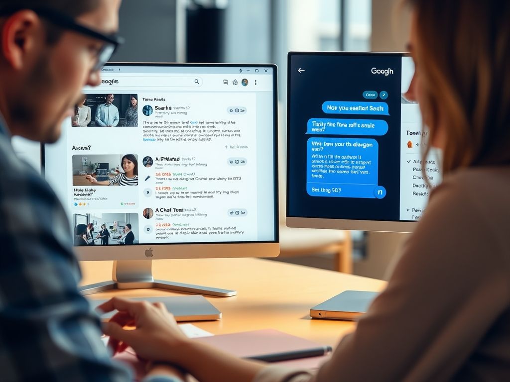 A marketer comparing search results and an AI chat answer on two screens.