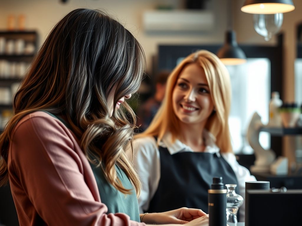 A hairdresser and a client talking through services at a salon reception.