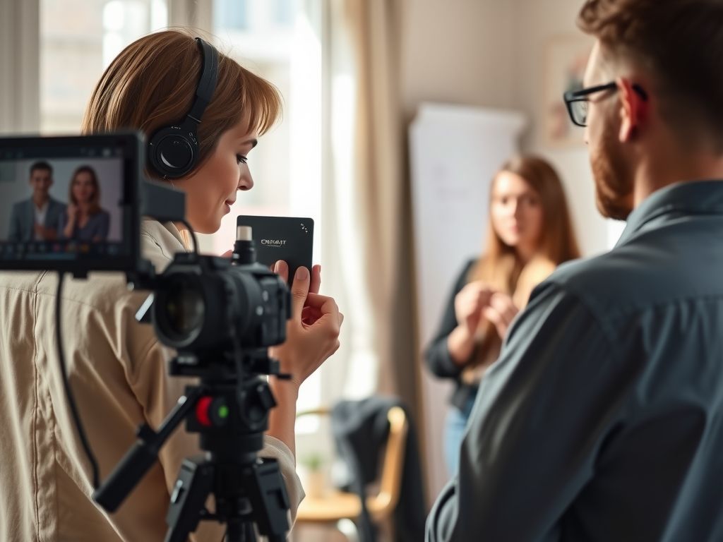A creator filming a skincare product for a short video in a bright room.