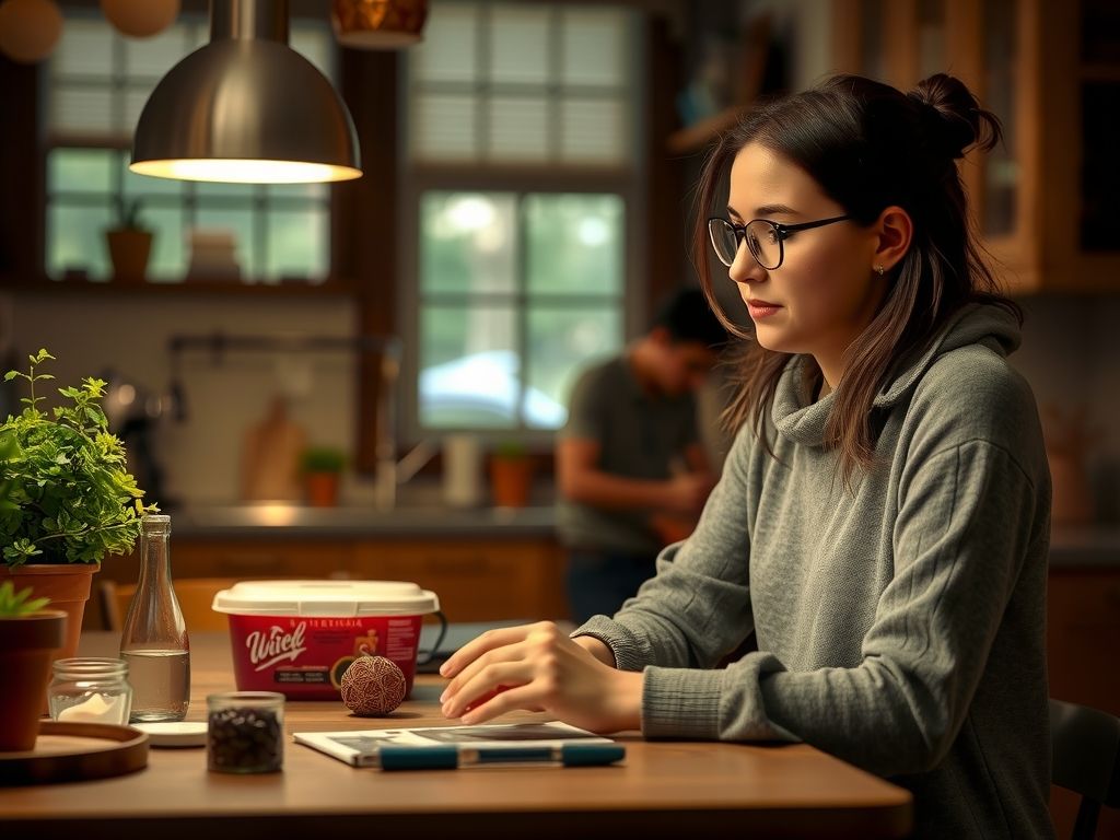 A young woman working on a side business at her kitchen table in the evening.