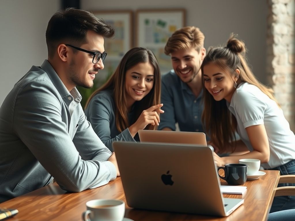 A small creative agency team brainstorming around a table with laptops and coffee.