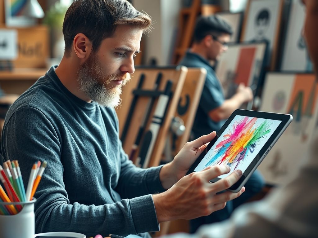 An artist at a tablet creating colourful digital art.