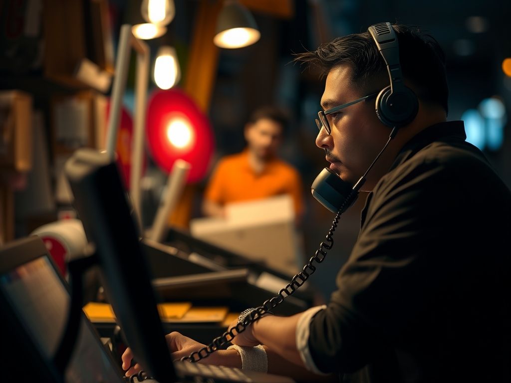 A shop phone answering customer questions at night with the lights off.