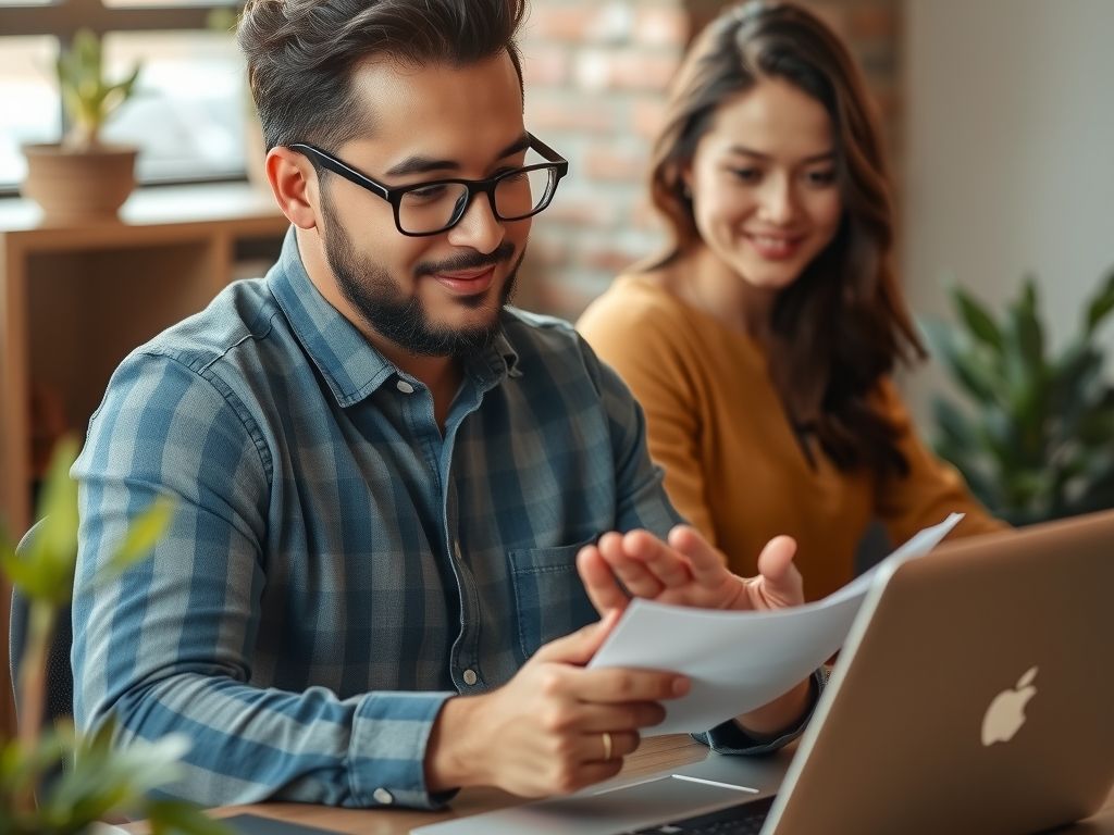 A small business owner planning social posts on a phone and laptop.