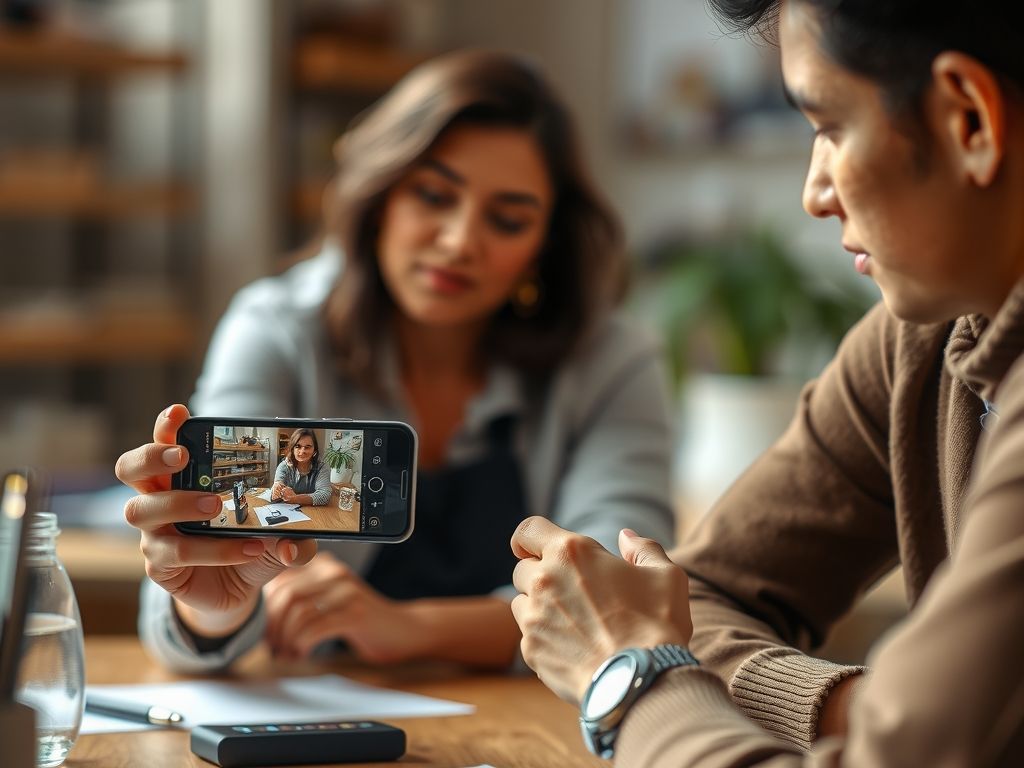 A seller filming a product video on a phone at a table.