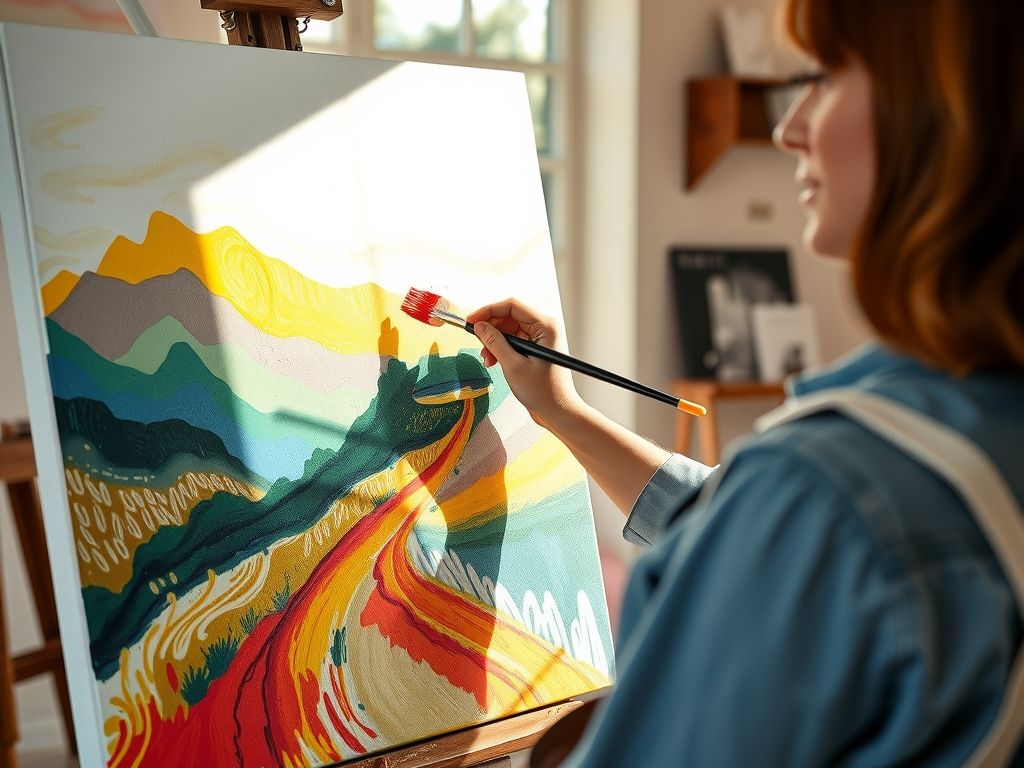 A painter adding colourful brush strokes to an abstract landscape canvas in a sunny studio.