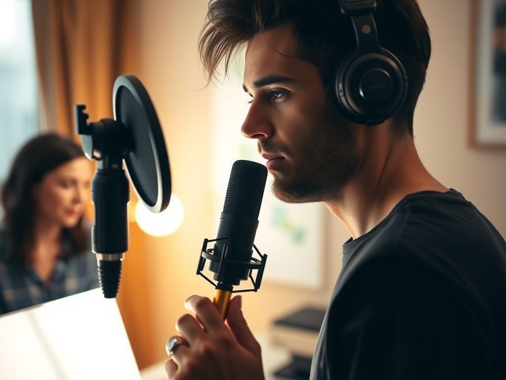 An ASMR artist with a binaural microphone in a softly lit room.