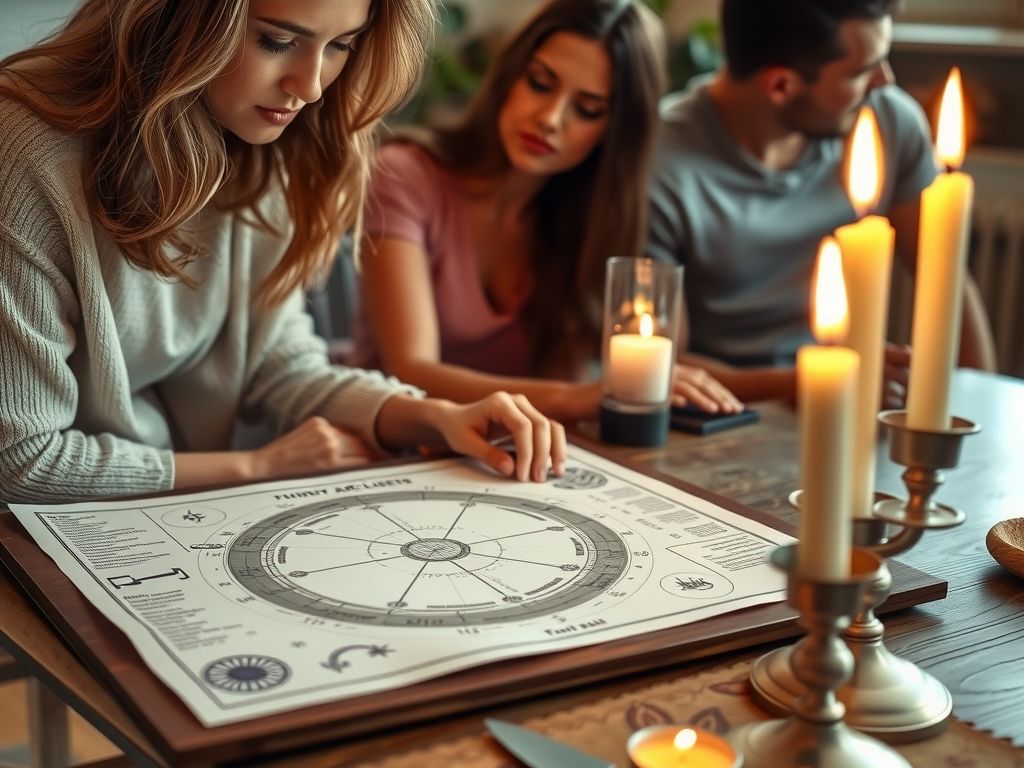 An astrologer with a birth chart and candles on a table.