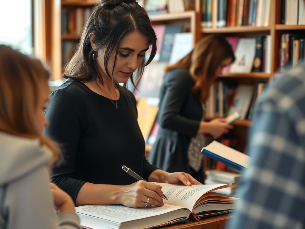 An author signing copies of her book at a small bookshop.