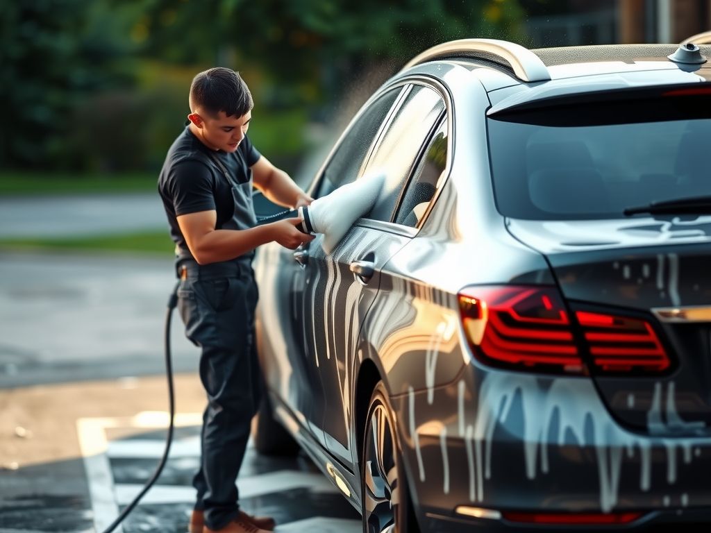 A detailer foam-washing a car in a driveway.