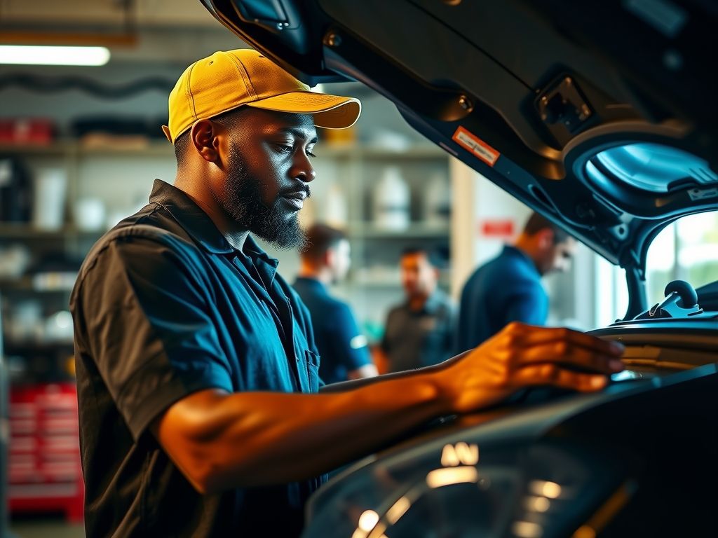 A Jamaican mechanic working under the hood of a car in a garage.