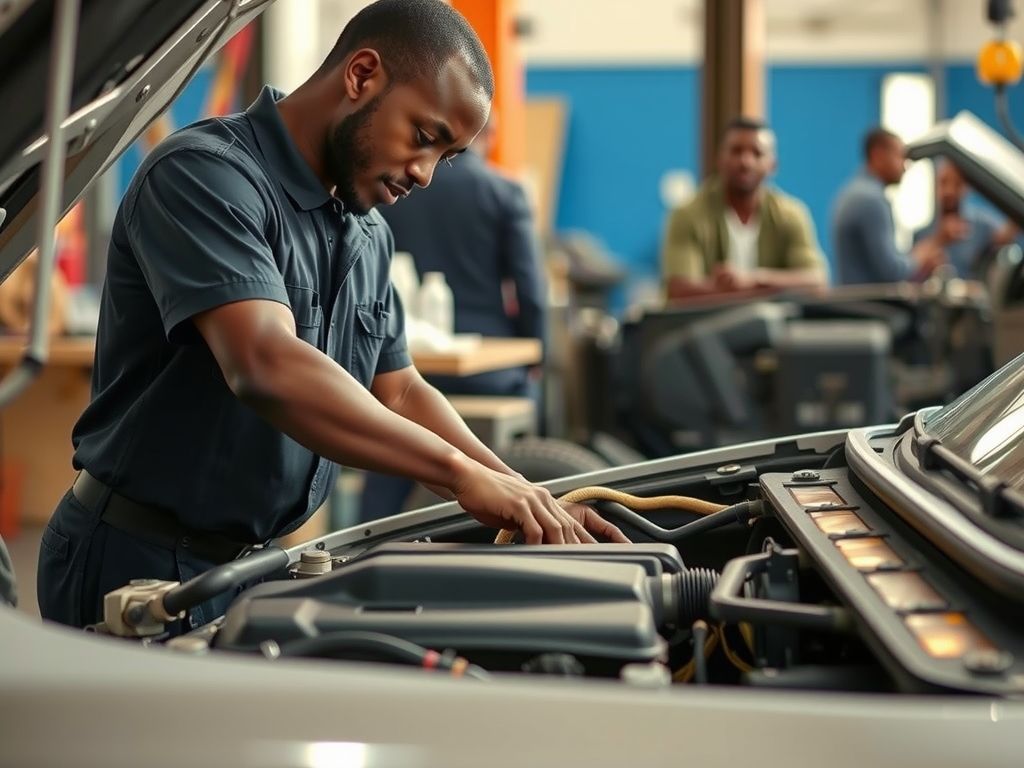 A Nigerian mechanic repairing a car engine in a workshop in Lagos.