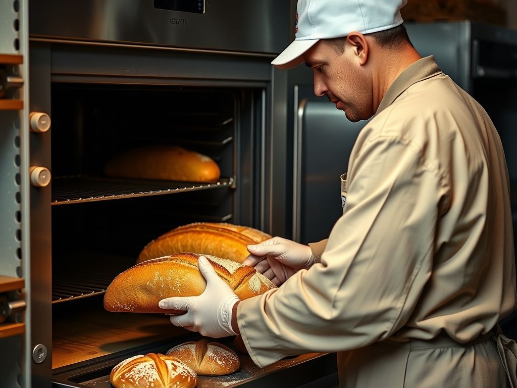A baker taking fresh loaves and pastries out of an oven.
