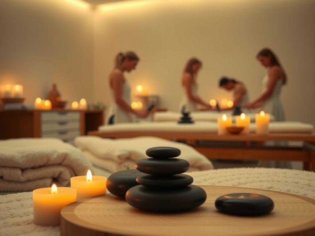A relaxing spa room with folded towels, candles and stones.