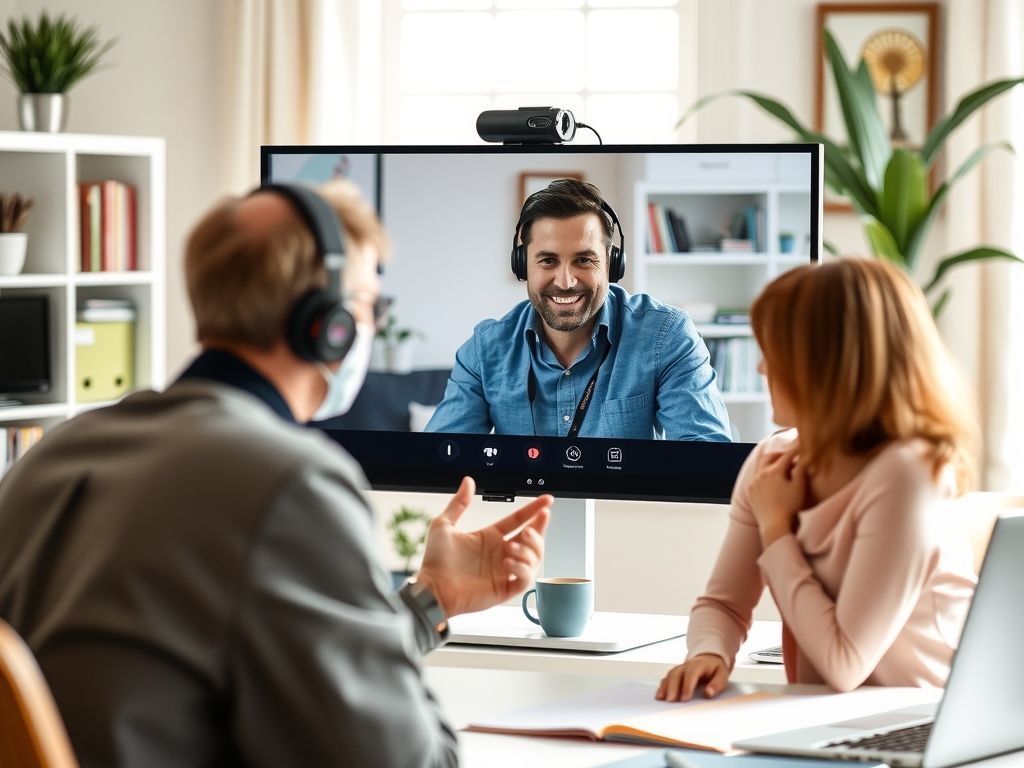 A coach on a video call with a client in a bright home office.