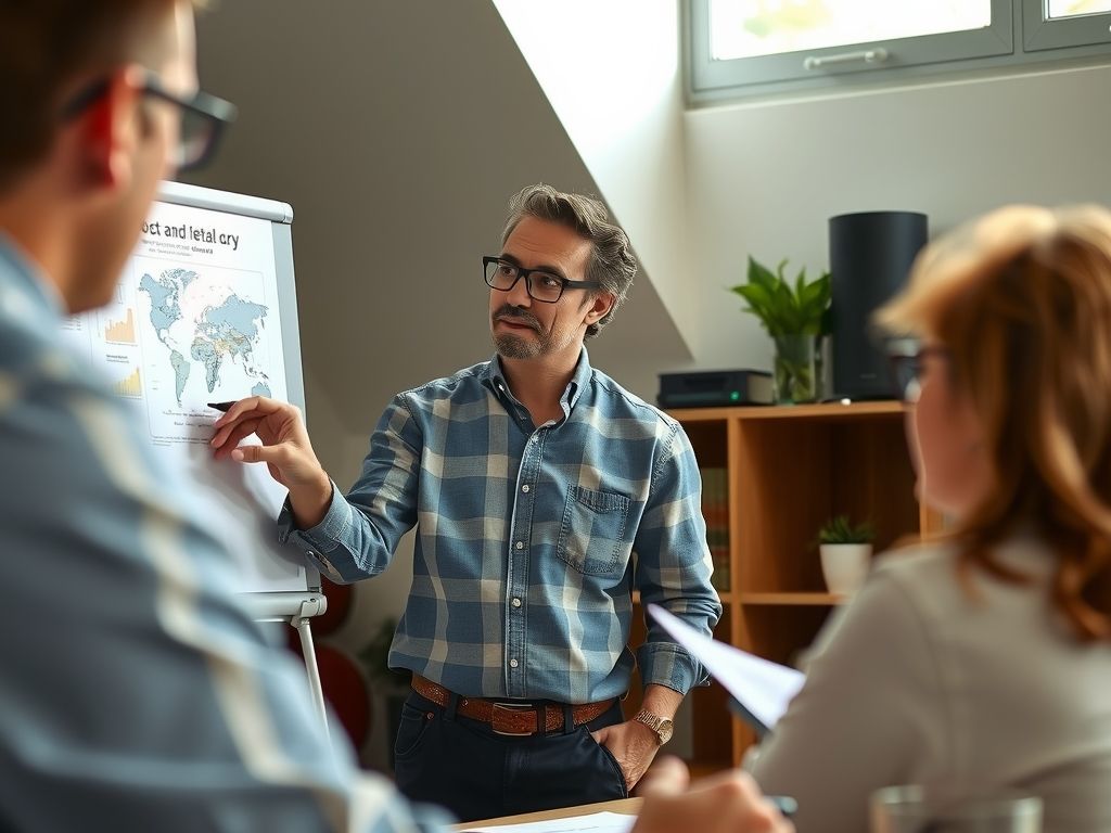 An educator presenting charts to an online class.