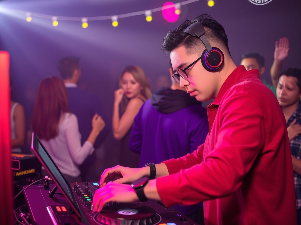 A DJ mixing on decks at a lively party.