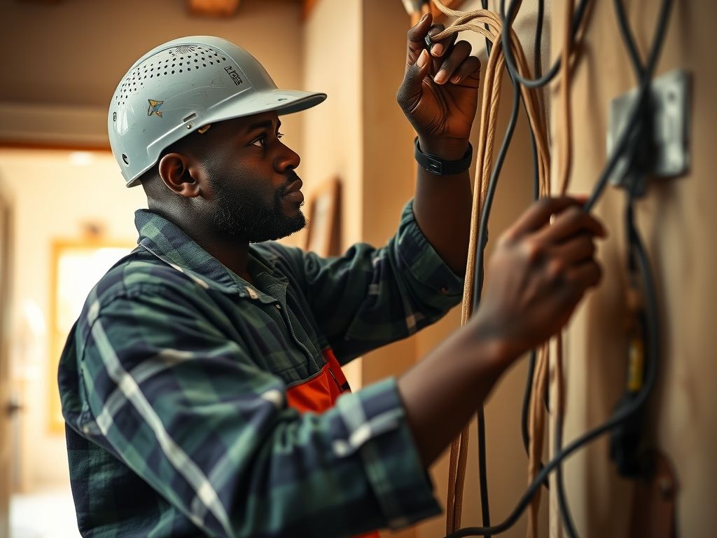 A Jamaican electrician fixing wiring in a house.