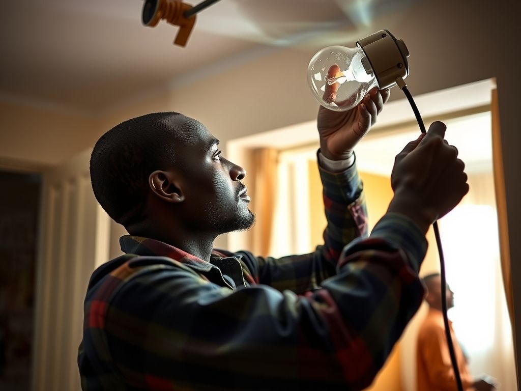 A Nigerian electrician installing a light fitting in a home.