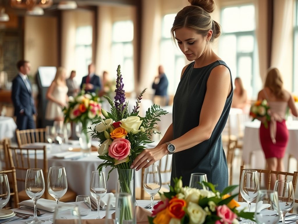 An event planner arranging flowers and table settings at a wedding venue.