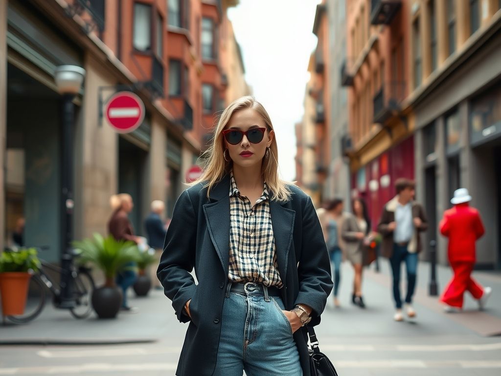 A fashion influencer posing in a styled outfit on a city street.
