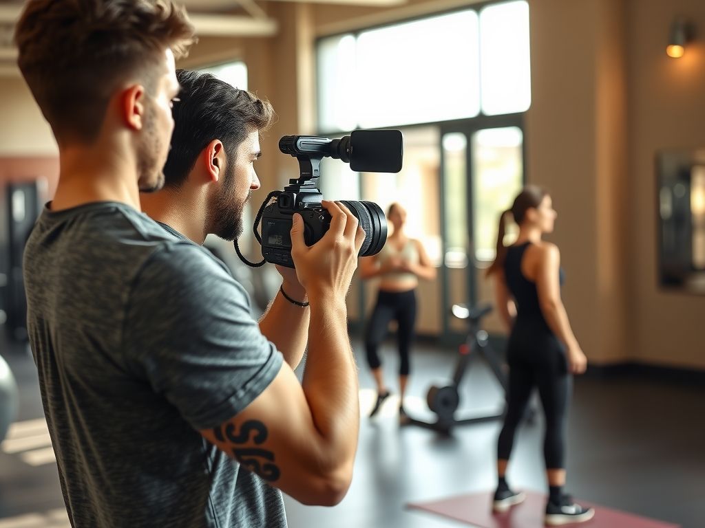 A fitness influencer filming a workout in a gym.