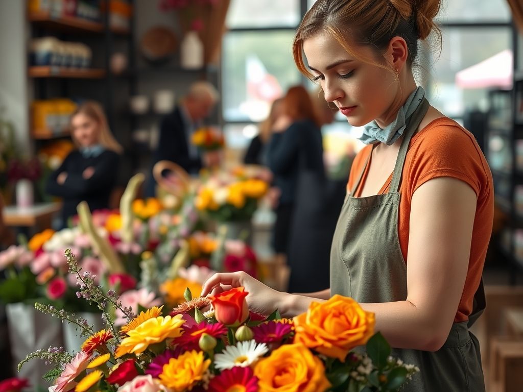 A florist arranging a colourful bouquet in a flower shop.
