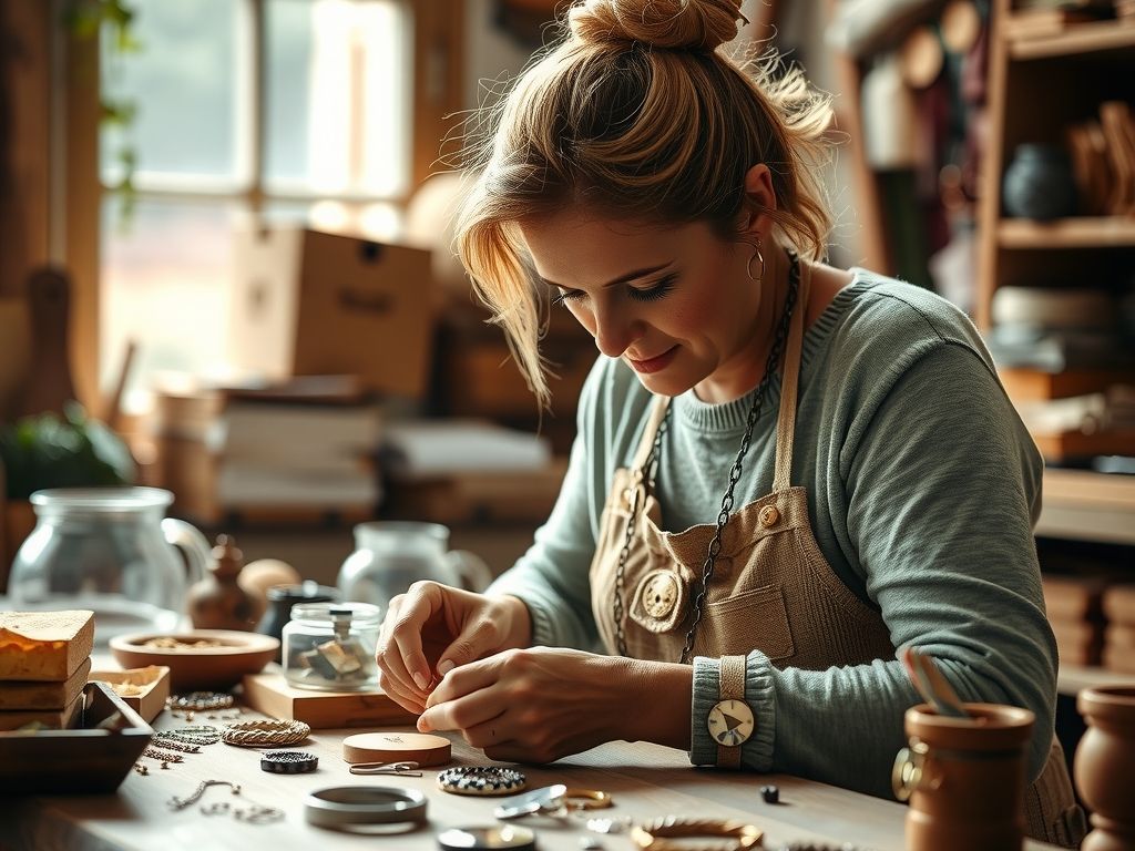 A crafter making handmade jewellery at a wooden workbench.