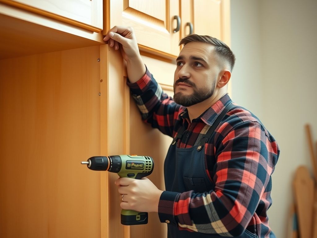 A handyman fixing a cabinet door with a drill.