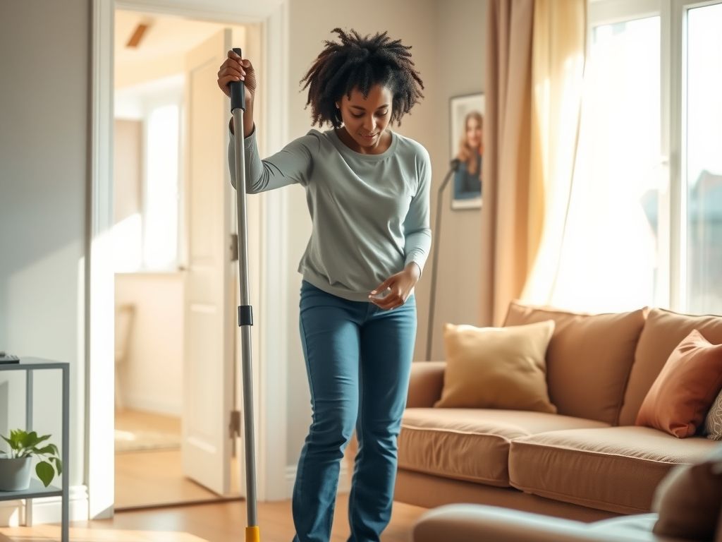 A Jamaican house cleaner tidying a bright living room.