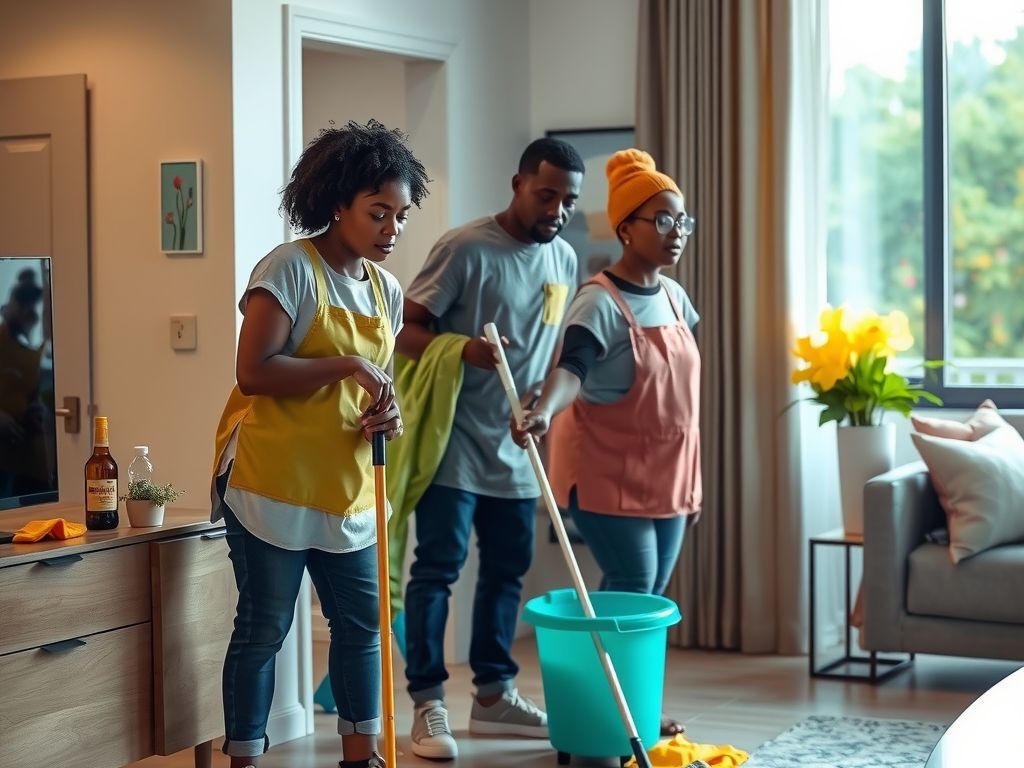 A Nigerian cleaning team cleaning a modern apartment.