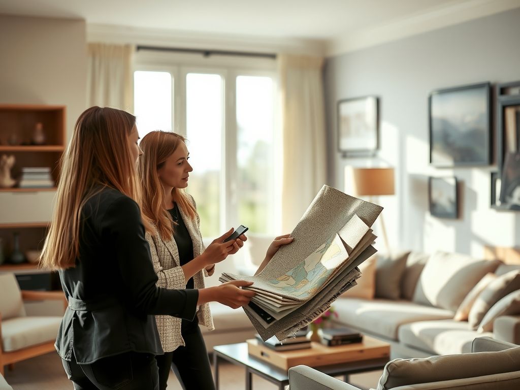 An interior designer showing fabric swatches in a styled living room.