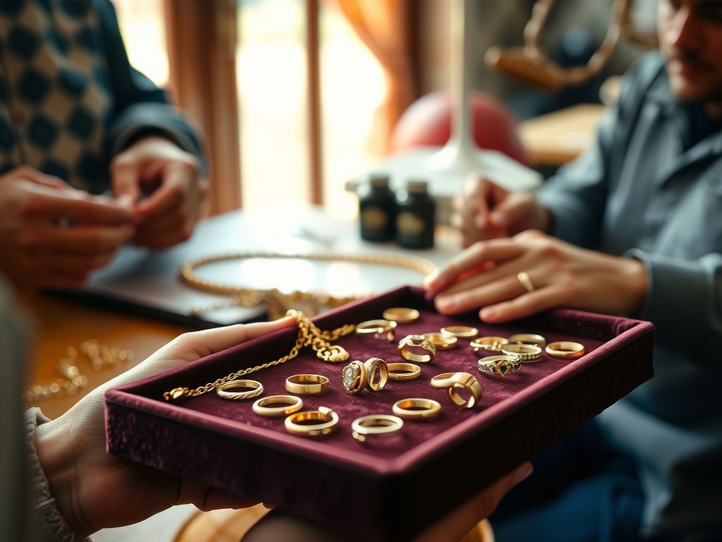 Handmade gold rings and necklaces displayed on a velvet tray.