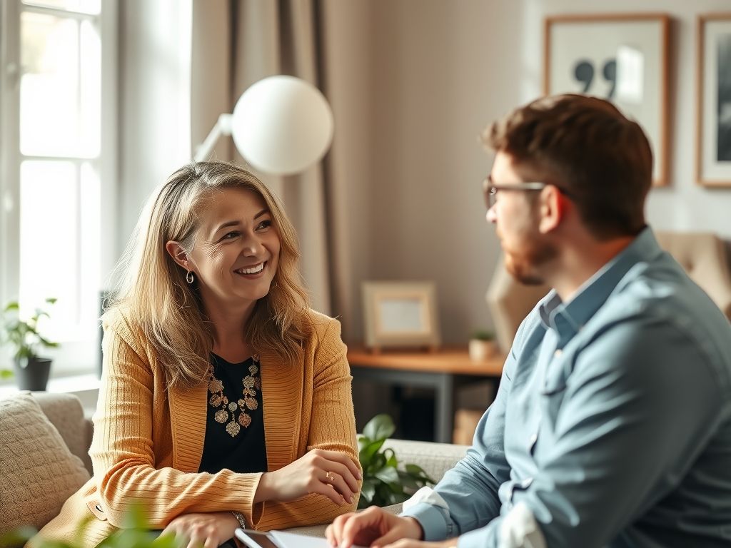A life coach in conversation with a client in a calm room.
