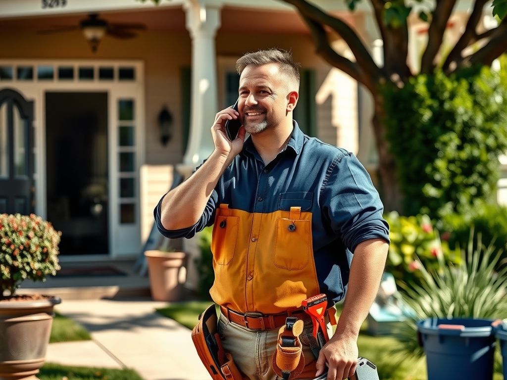 A local tradesman in work clothes taking a phone call in front of a house on a sunny street, toolbox in hand.
