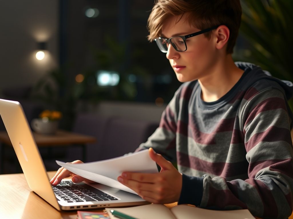 A young person working on a laptop at night with a notebook of ideas.