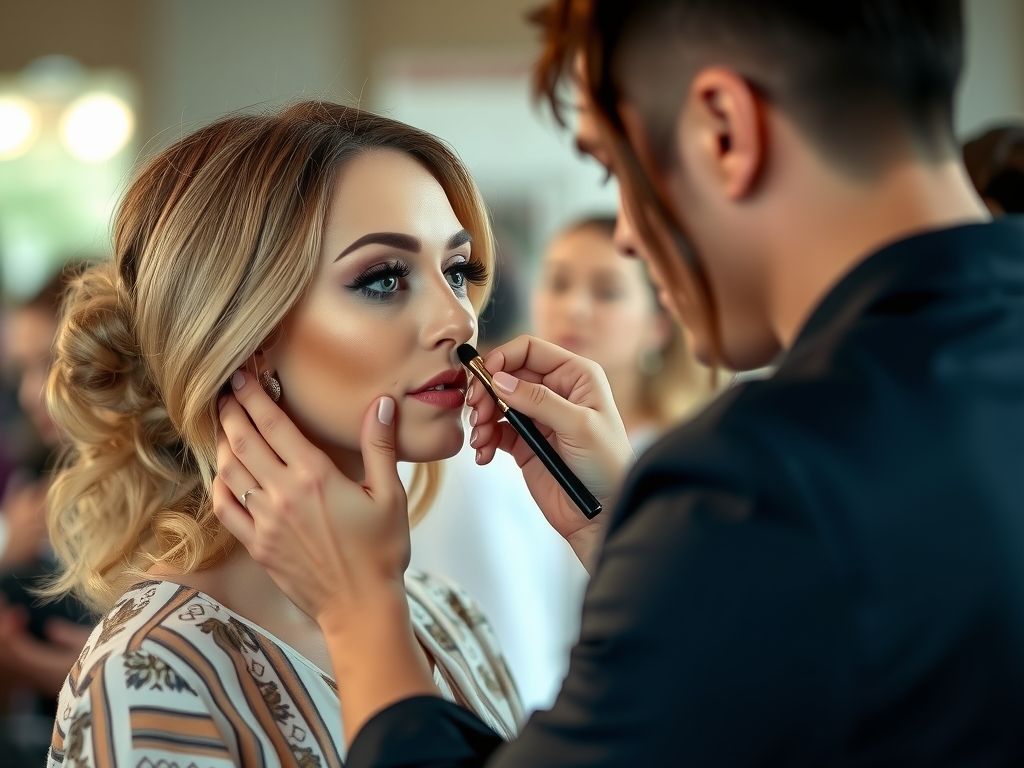 A makeup artist applying makeup to a client before an event.