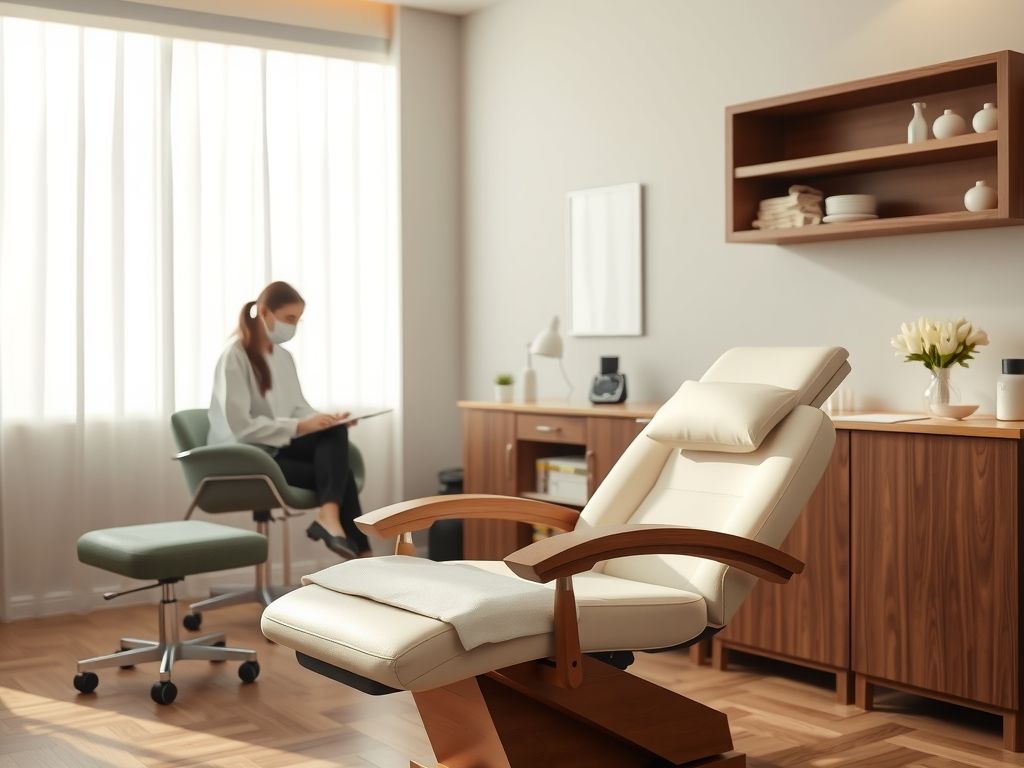 A med spa treatment room with a reclining chair and soft lighting.
