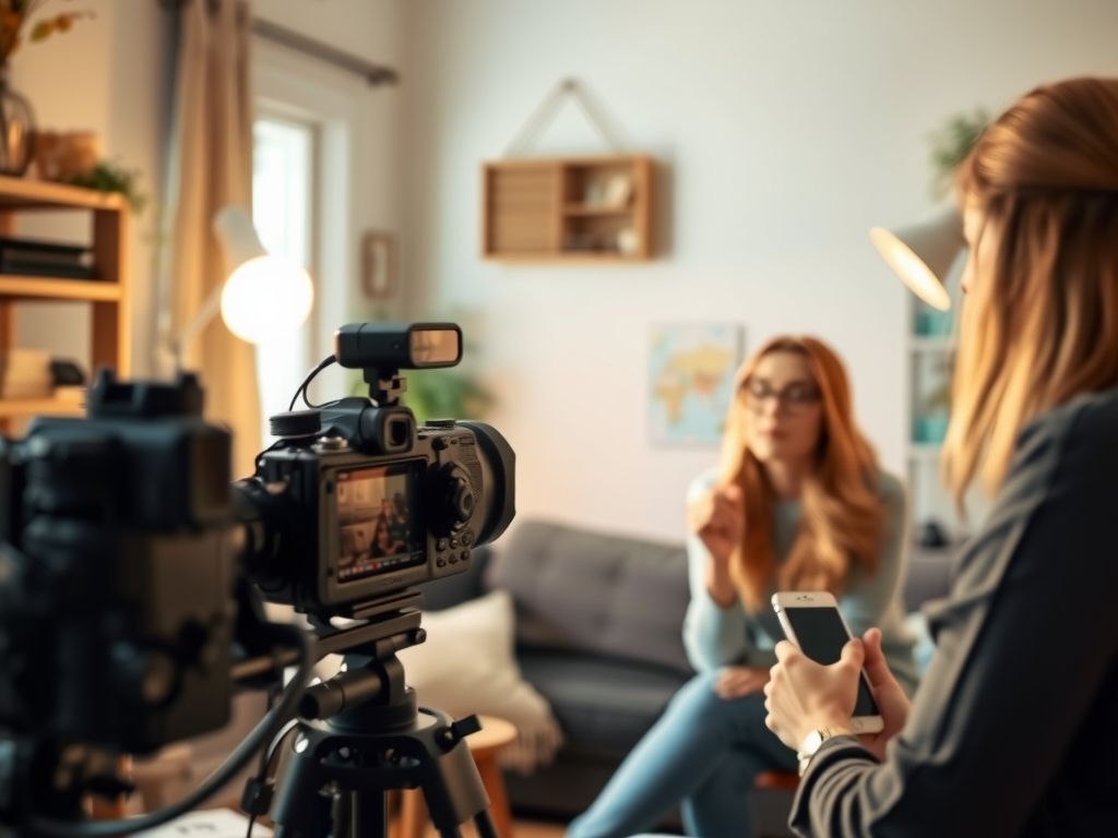 A creator talking to her audience on camera in a home studio.