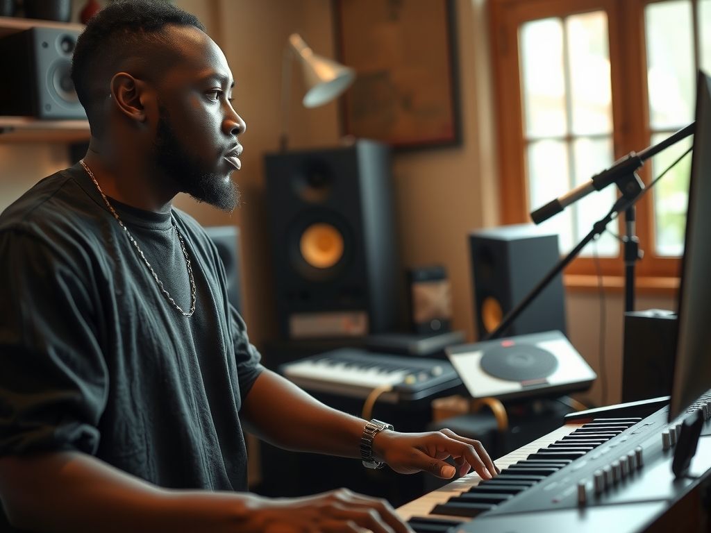 A music producer making beats on a keyboard in a home studio.