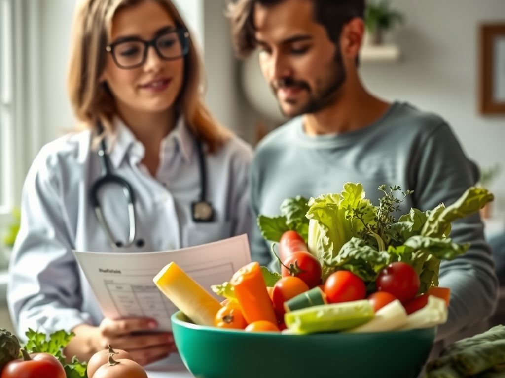 A nutritionist with a bowl of fresh vegetables and a meal plan.