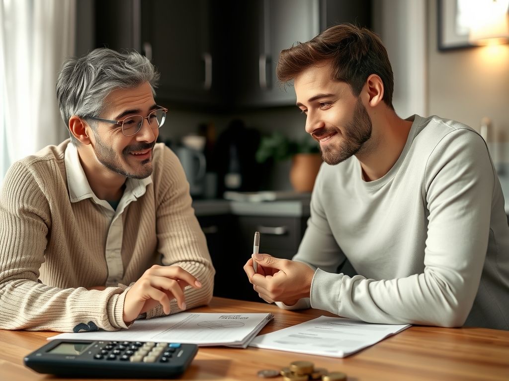 A finance coach explaining savings to a young couple at a kitchen table with a calculator and coins.