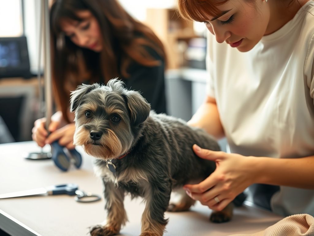A groomer trimming a small dog on a grooming table.