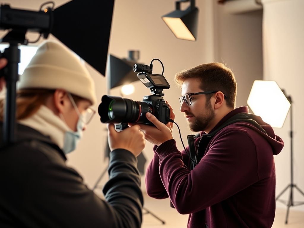 A photographer shooting a portrait in a studio with lights.