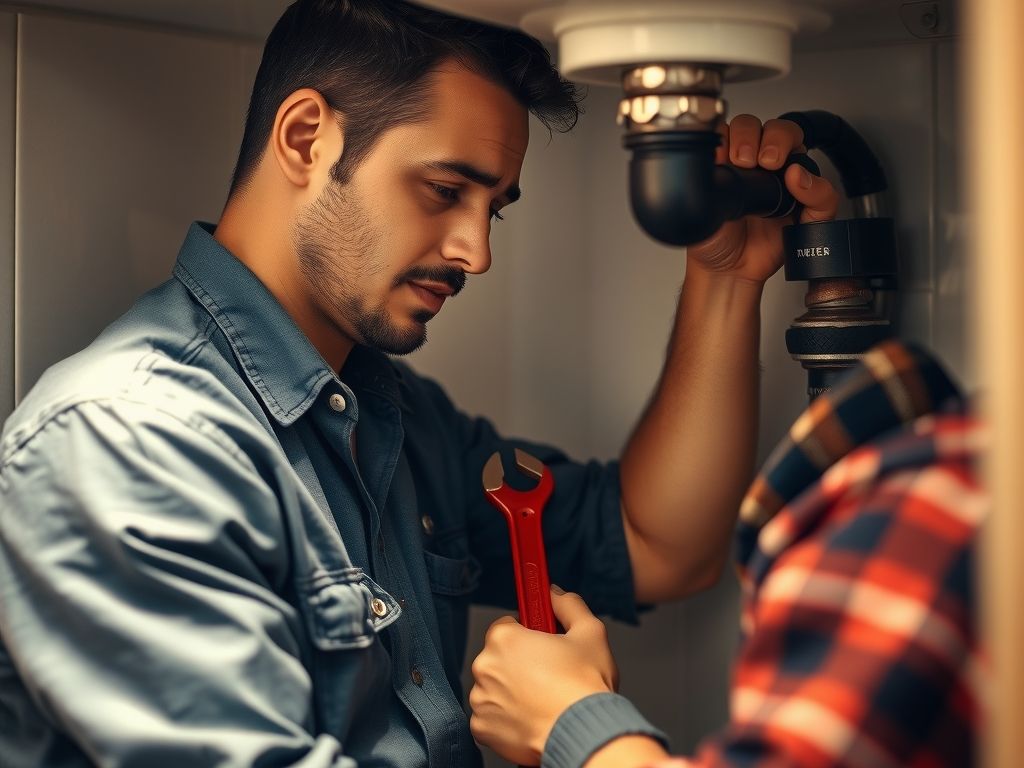 A plumber fixing pipes under a sink with a wrench.
