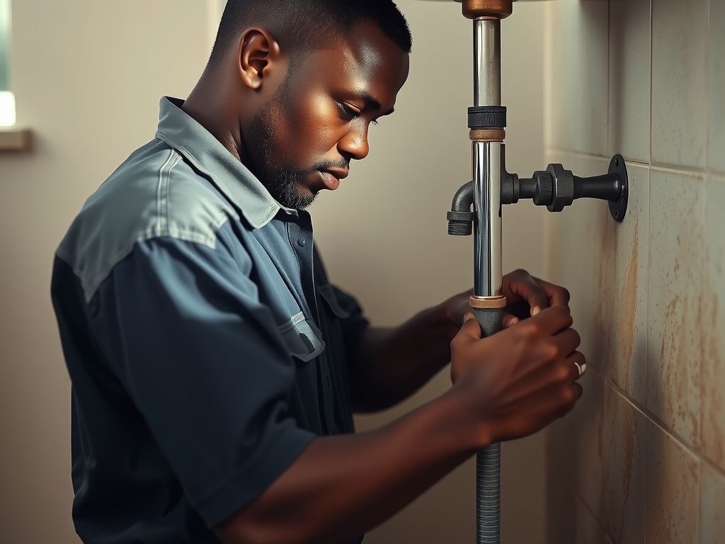 A Jamaican plumber fixing a pipe under a sink.