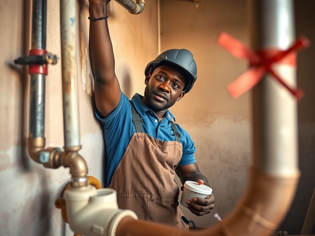 A Nigerian plumber repairing water pipes in a house in Lagos.