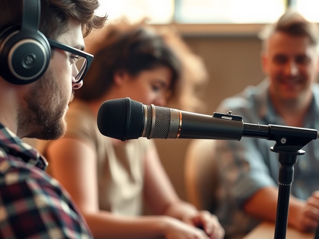 A podcaster recording an episode with a studio microphone.