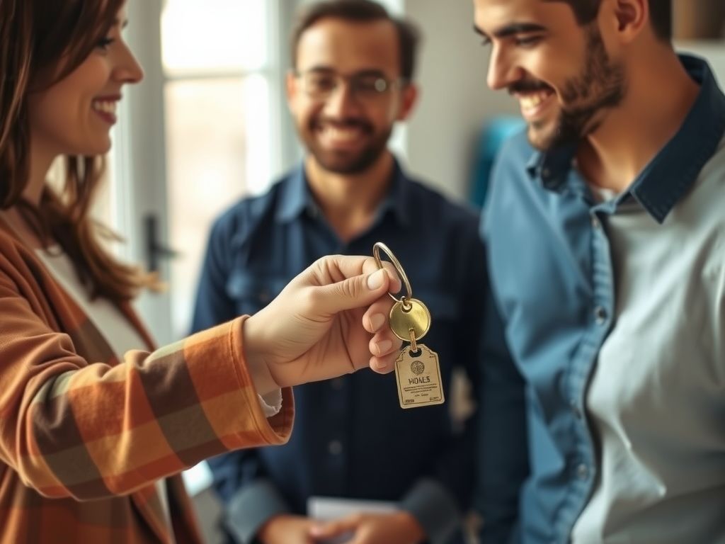 A real estate agent handing house keys to a happy couple.